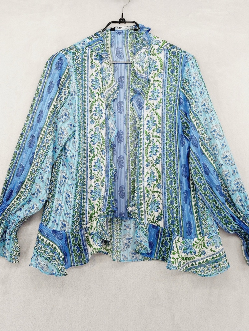 Zara Blouse Womens Medium Blue Green Floral Paisley Ruffle Boho Peplum Top P4775 - Picture 2 of 11